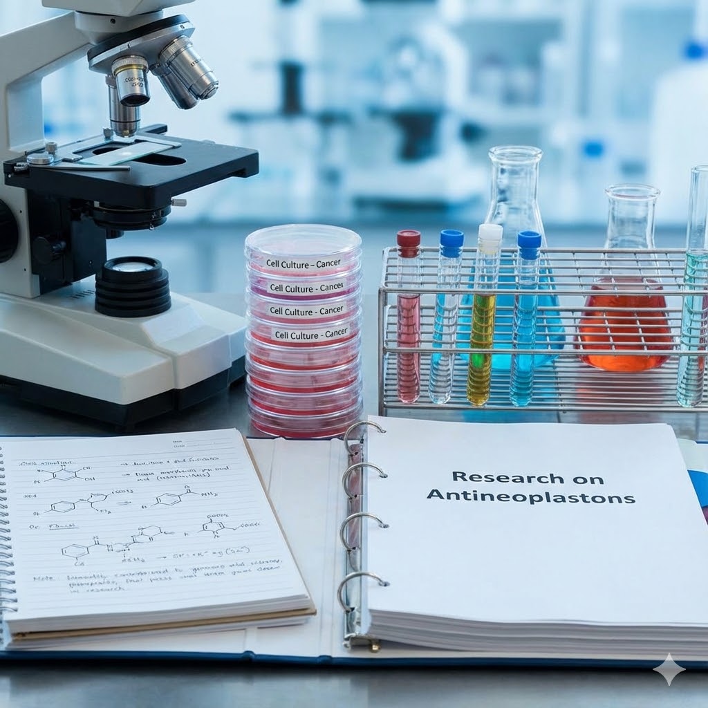 Stanislaw Burzynski Protokol symboliseret ved et laboratorie, et mikroskop, et ringbind med info, nogle prøveglas.