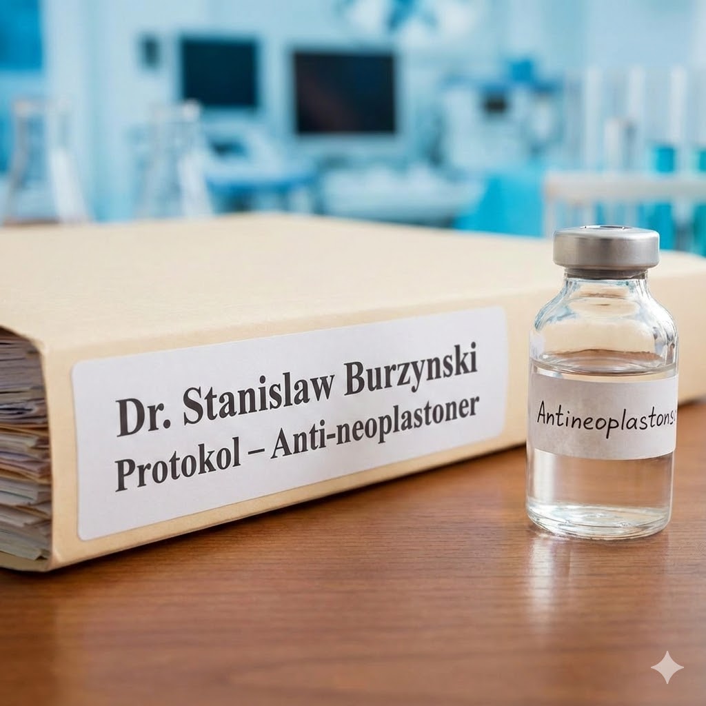Stanislaw Burzynski Protokol symboliseret ved et hætteglas med klar væske og en bog med navn på protokollen.