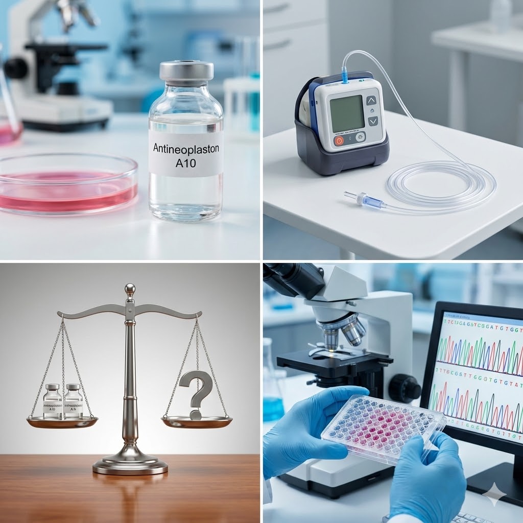 Stanislaw Burzynski Protokol symboliseret ved et firedelt billde. Øverst til venstre en pretiskål, et mikroskop og et hætteglas, til højre en infusionspumpe. Nederst til venstre en vægt og til højre et laboratorie med bl.a. en pc-skærm.