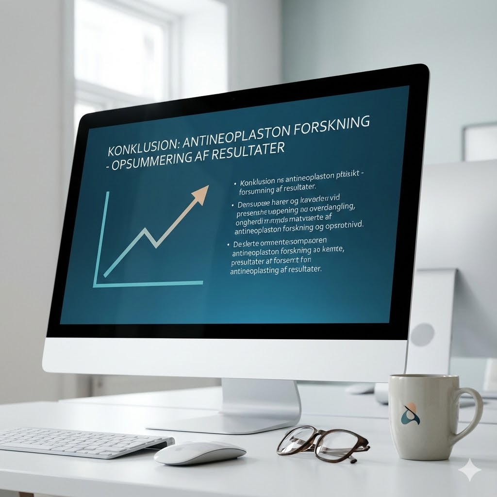 Stanislaw Burzynski Protokol symboliseret ved en pc-skærm på et arbejdsbord. Et krus med drikke og et par briller ligger på bordet.