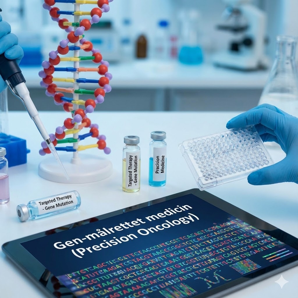 Stanislaw Burzynski Protokol symboliseret ved en skærm, et laboratoriemiljø, en dna-streng og nogle prøveglas.
