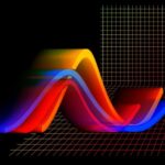 Statistik symboliseret ved en bred bølgeformet kurve i rød, gul og blå der krydser hinanden. Sort baggrund.