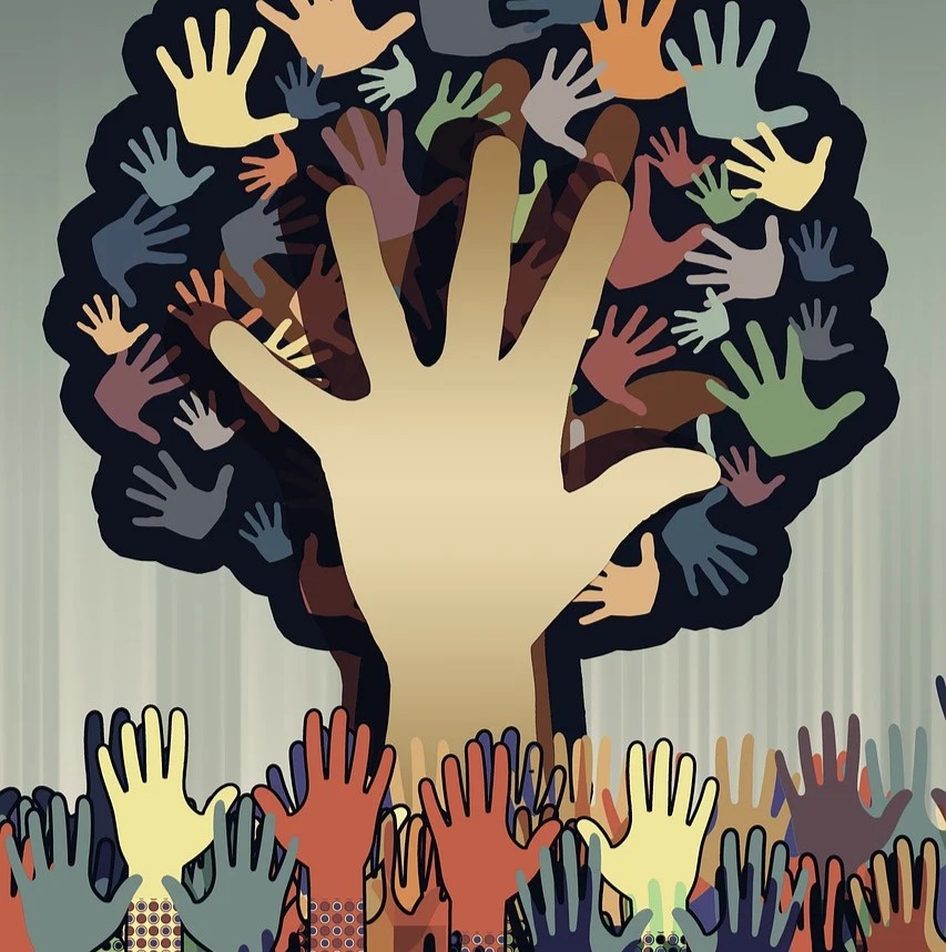 Støtteforeningen Jeg har Kræft symboliseret ved en naivistisk tegning af hænder der rækker opad, en større hånd, der ender i en trækrone med hænder.