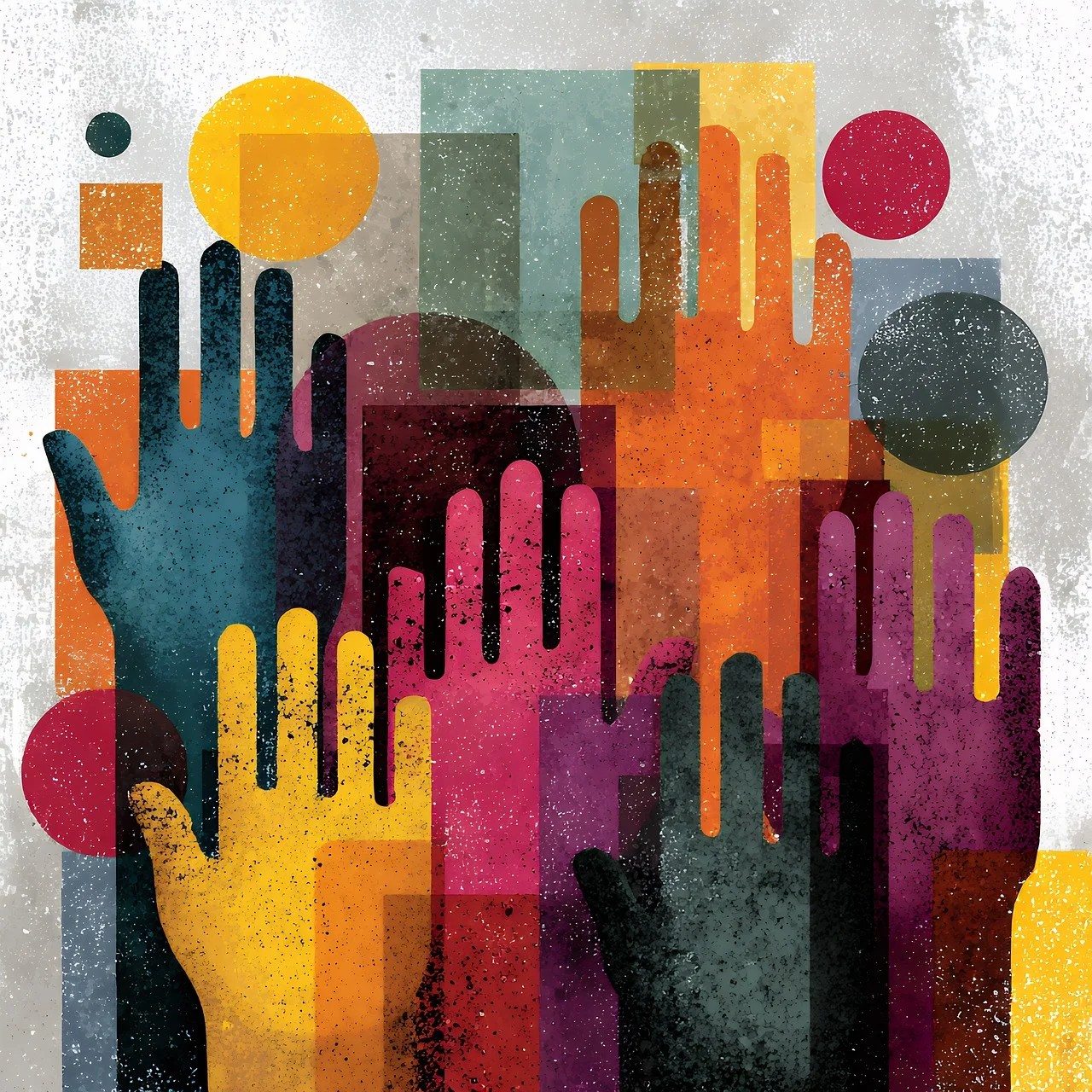 Støtteforeningen Jeg har Kræft symboliseret ved naivistiske hænder i forskellige farver, der rækker opad.