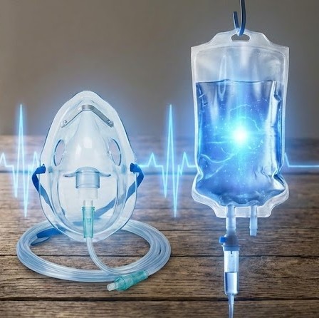 Thomas Seyfried protokol symboliseret ved iltmaske og droppose med væske.