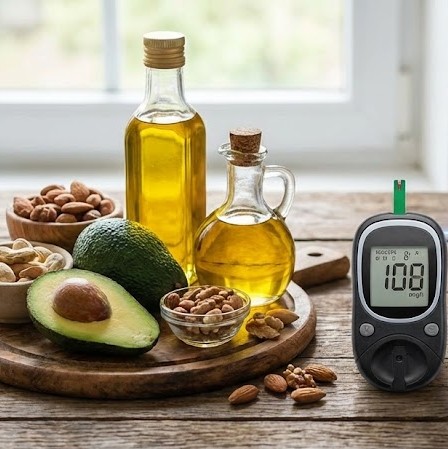 Thomas Seyfried protokol symboliseret ved fødevarer - olie, avocado, nødder og en ketosemåler.