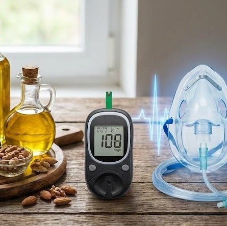 Thomas Seyfried protokol symboliseret ved en åndedrætsmaske, en keton-måler og nogle omega-3 rige fødevarer - nødder, olie.