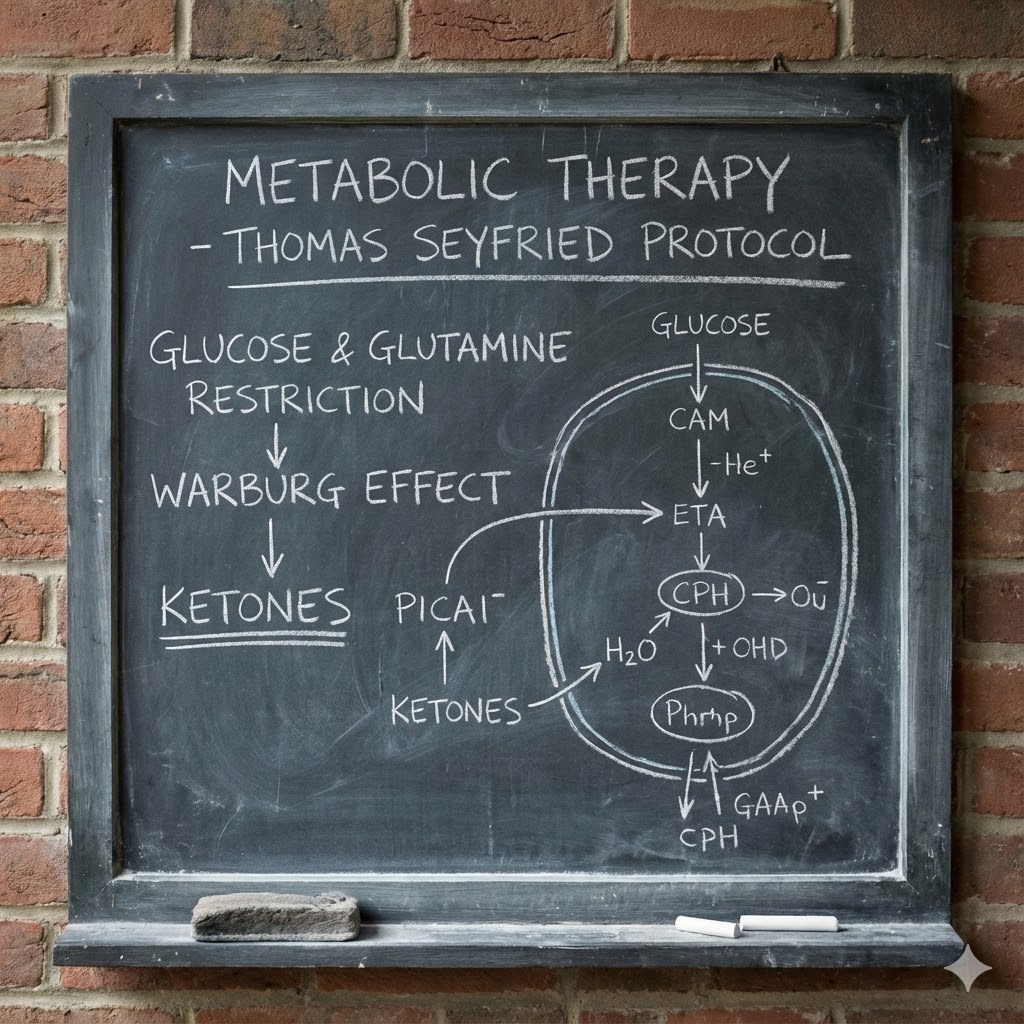 Thomas Seyfried protokol symboliseret ved en gammeldags sort tavle med tekst. Herunder Metabolic Theory.
