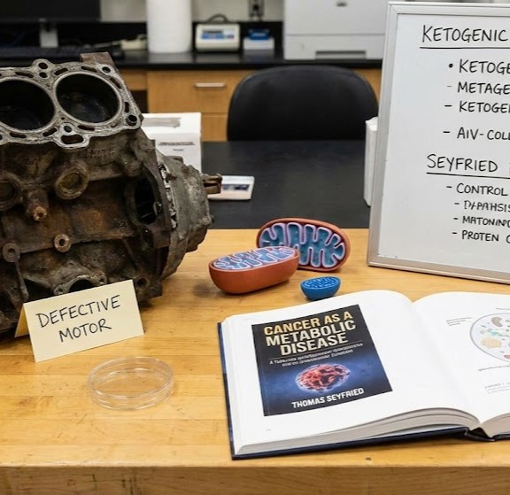 Thomas Seyfried protokol symboliseret ved en defekt motor, en model af mitokondrie, en opslået lærebog.