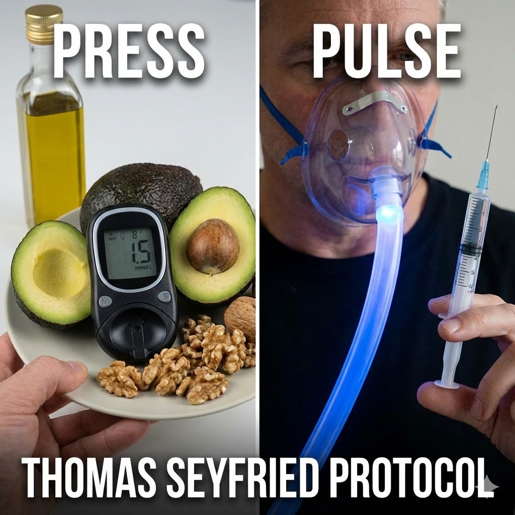 Thomas Seyfried protokol symboliseret ved til venstre fødevarer - avocado nødder og olie. Til højre en mand med iltmaske og en optrukket sprøjte.