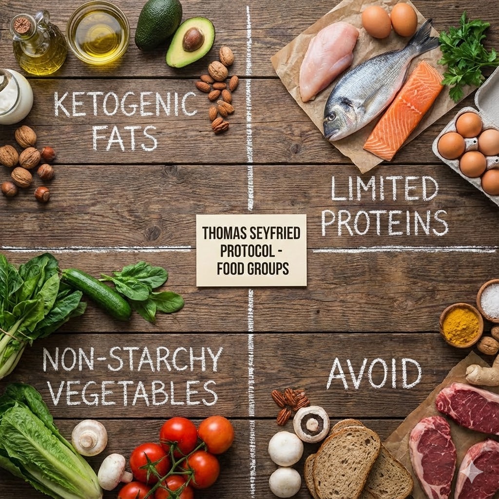 Thomas Seyfried protokol symboliseret ved opdeling af fødevarer i 4 grupper. Tomater og grønt, avocado, nødder og olie, laks og æg samt rødt kød og brød.