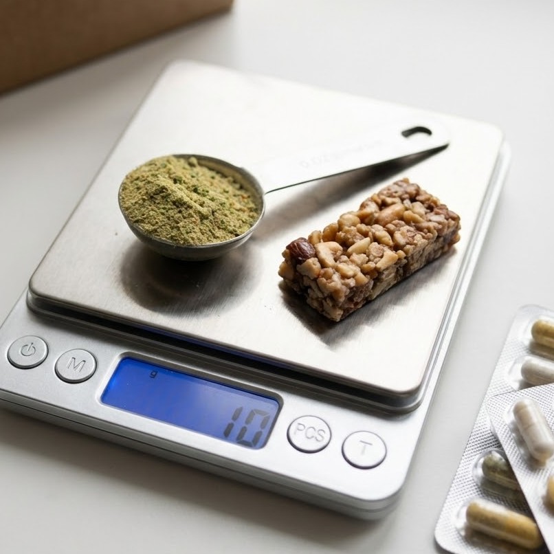 Valter Longo protokol symboliseret ved en vægt med noget pulver og en nøddebar.