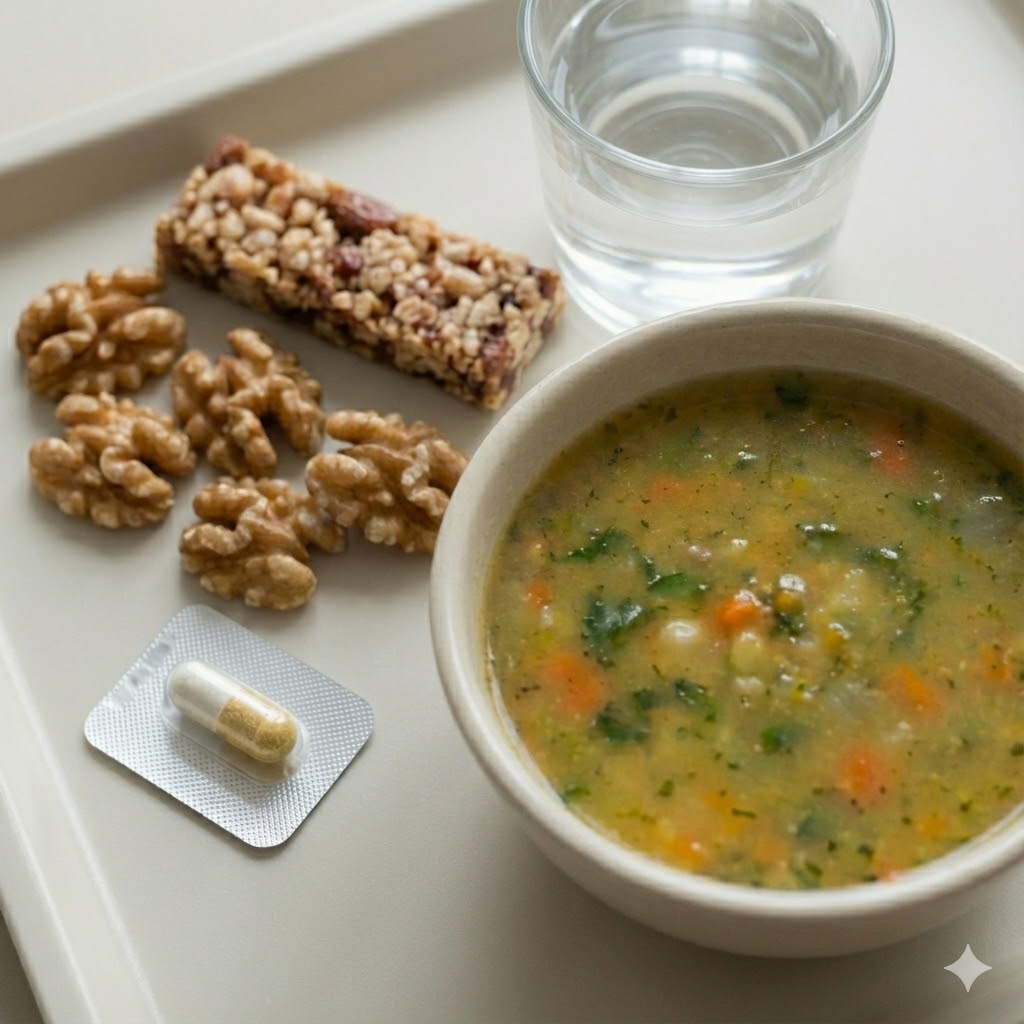 Valter Longo protokol symboliseret ved suppe, nøddebarer og en kapsel, samt et glas vand.