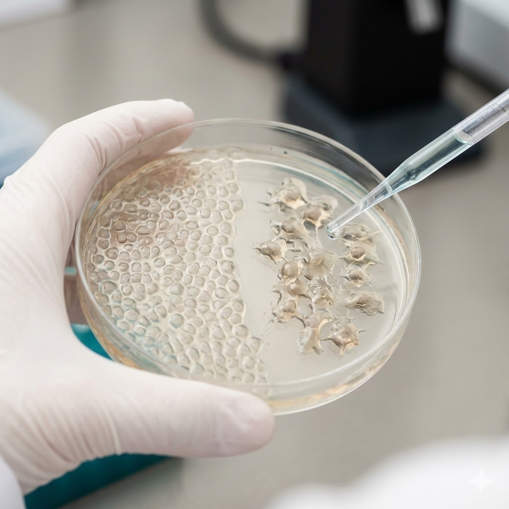 Valter Longo protokol symboliseret ved petriskål med hvid masse. en pipette tilfører væske.