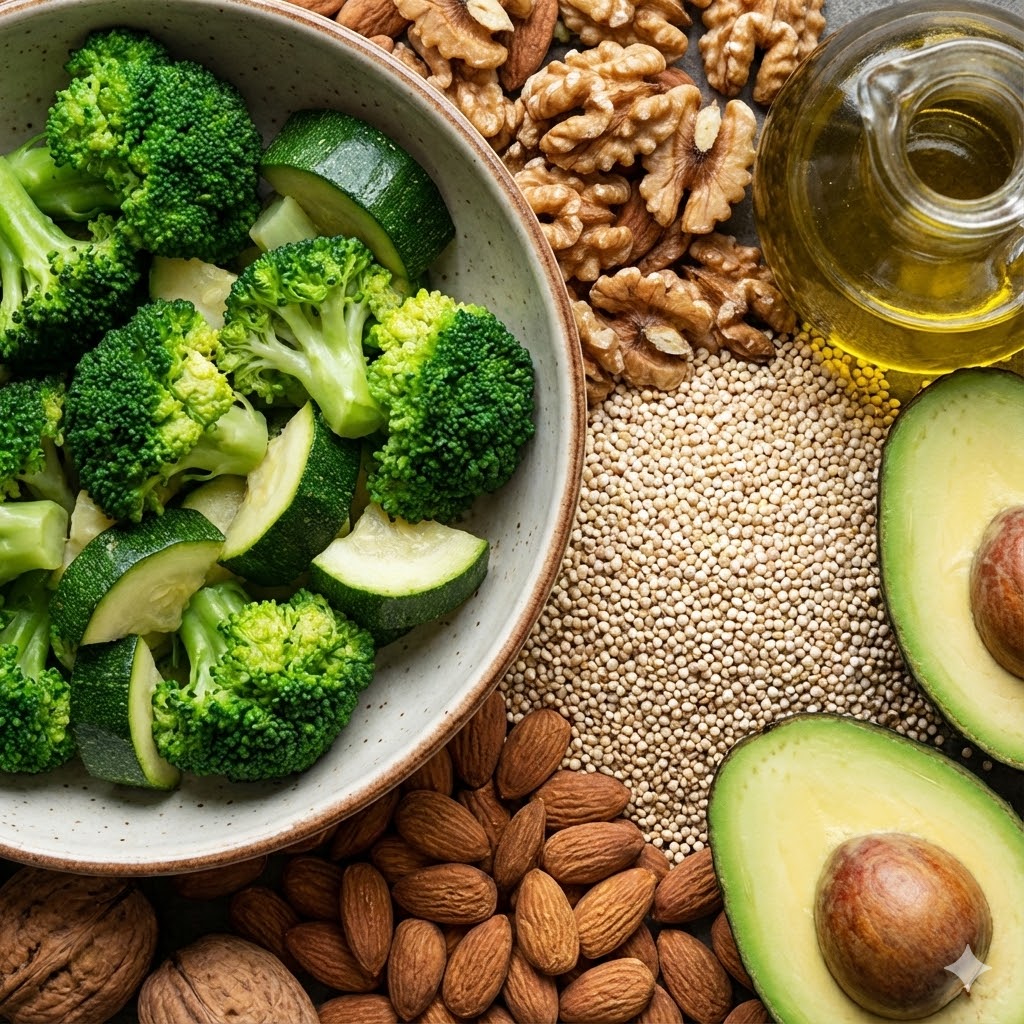 Valter Longo protokol symboliseret ved en skål med borccoli og squash, nogle valnødder, mandler og avocado, samt olie.