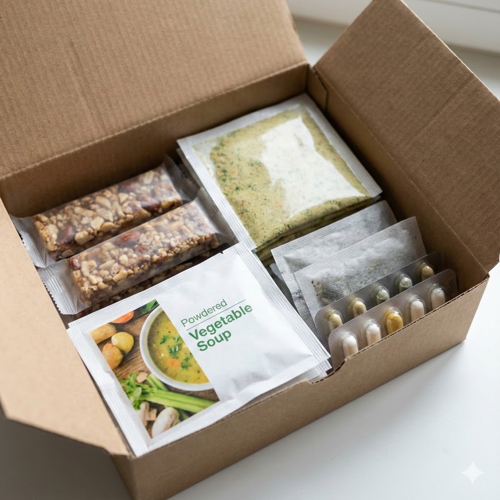 Valter Longo protokol symboliseret ved en pakning med de nødvendige råvarer. Nøddebarer, pulversuppe og piller.