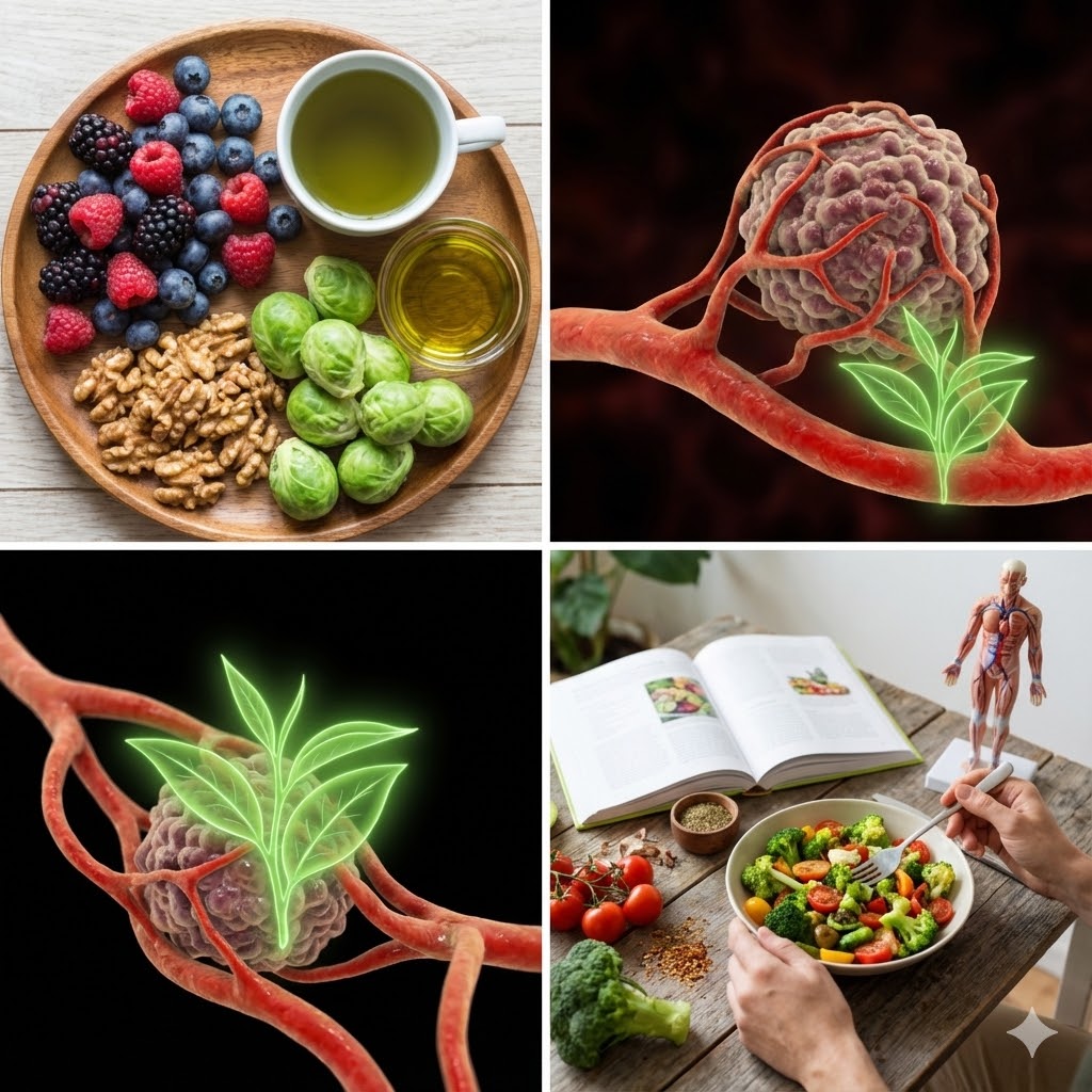 William Li symboliseret ved et 4-delt billede med en tallerken bær, nødder og tomater, kræftcelle med karvækst og åben bog, motionerende person og tomater.