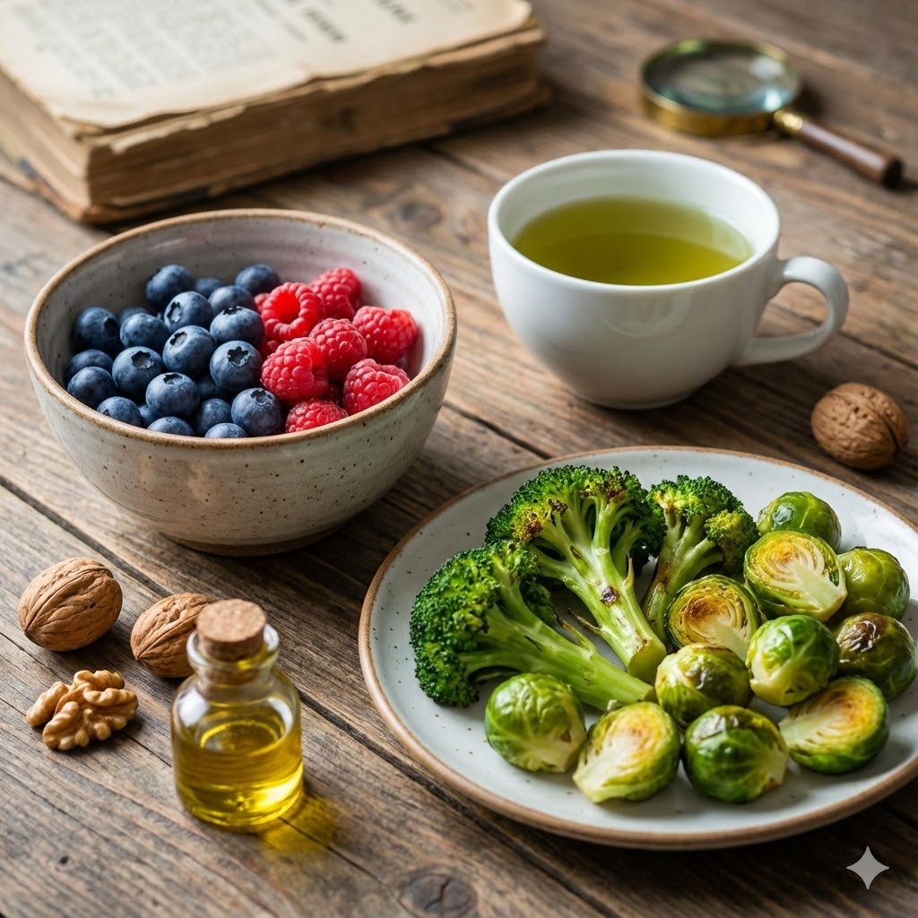 William Li symboliseret ved en skål med bær, en tallerken med kål, nødder, olie, en kop te og en åben bog.