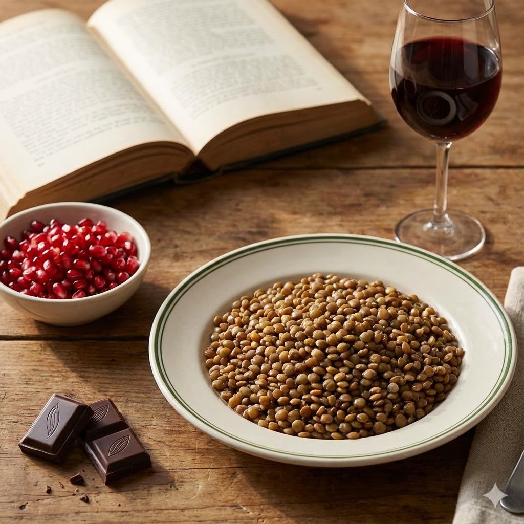 William Li symboliseret ved åben bog, et glas vin, soyabønner, mørk chokolade.