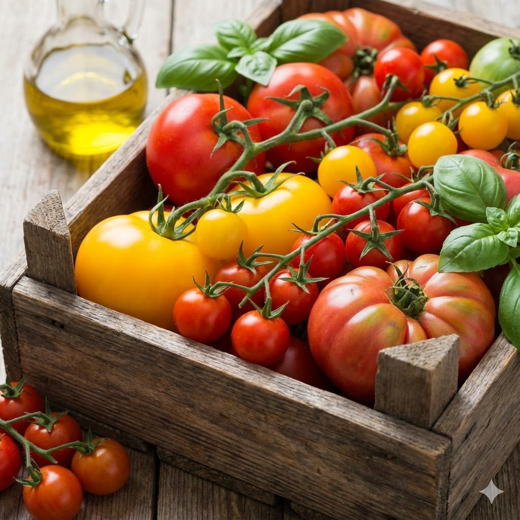 William Li symboliseret ved en træbakke med tomater i alle afskygninger.