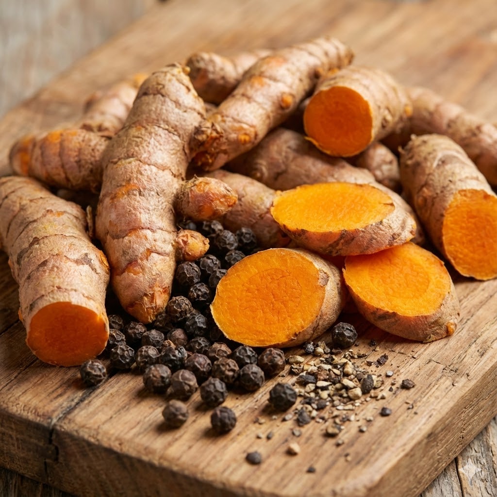 William Li symboliseret ved gurkemejerødder og opskårede stykker. Sorte peberkorn imellem disse.