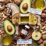 Bomber, brandslukkere og timing symboliseret ved en model af en træhels, der er hul i midten. Et pilleglas under den og halverede avocados ved siden af. Desuden en masse nødder.