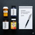 Bomber, brandslukkere og timing symboliseret ved en notesblok og 4 bøtter med medicin.