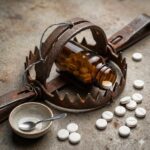 Bomber, brandslukkere og timing symboliseret ved en gammeldags metalsnare, hvor der ligger et brunt pilleglas i fællen. Hvide piller omkring dette.