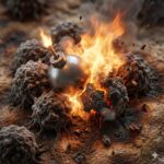 Bomber, brandslukkere og timing symboliseret ved en bombe der ligger i noget ild inde i en samling kræftceller.