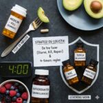 Bomber, brandslukkere og timing symboliseret ved et ur, nogle piller i et skjold, en tallerken med avocados, en gaffel.