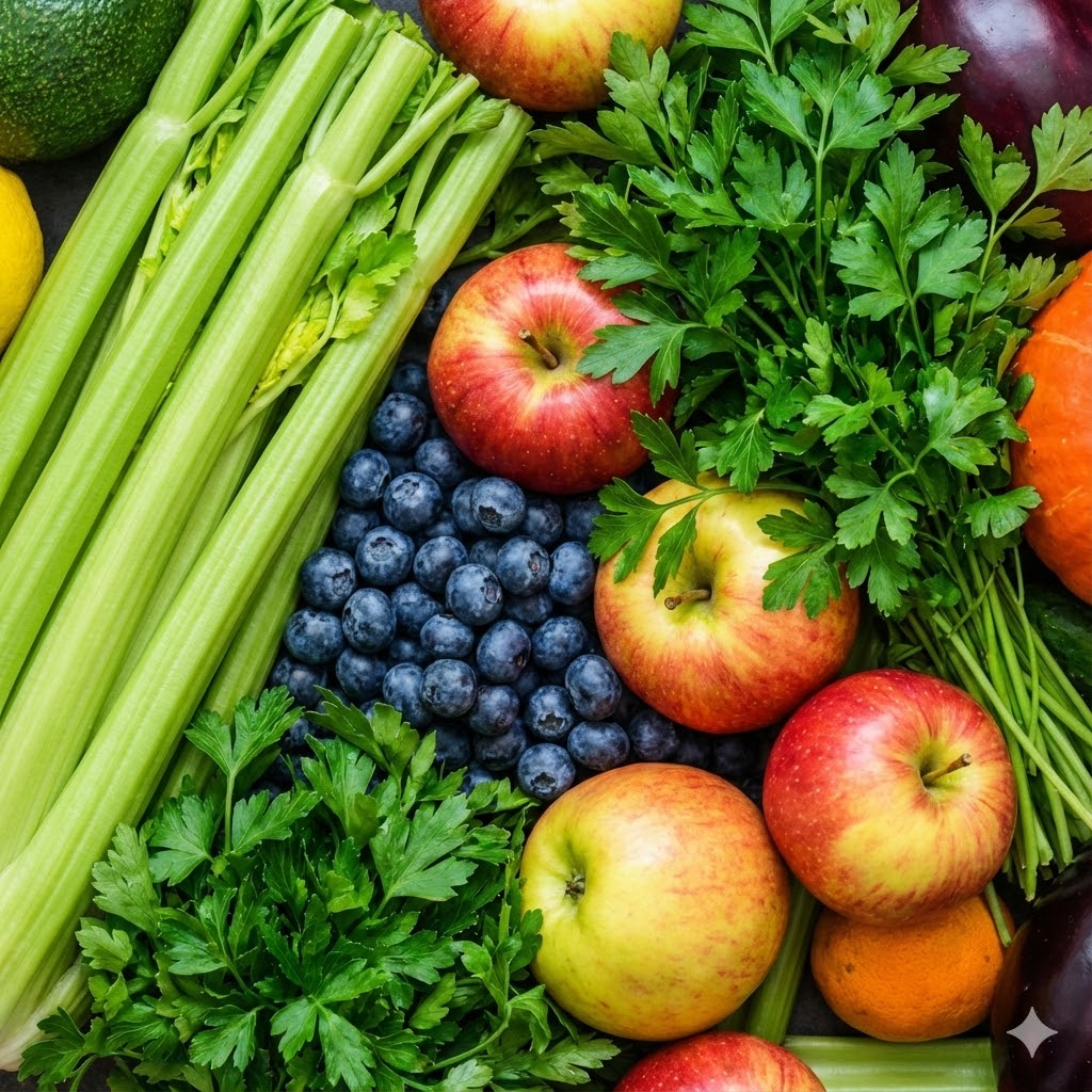 Anthony William Protokol symboliseret ved foto af blegselleri, æbler, persille, blåbær mm.