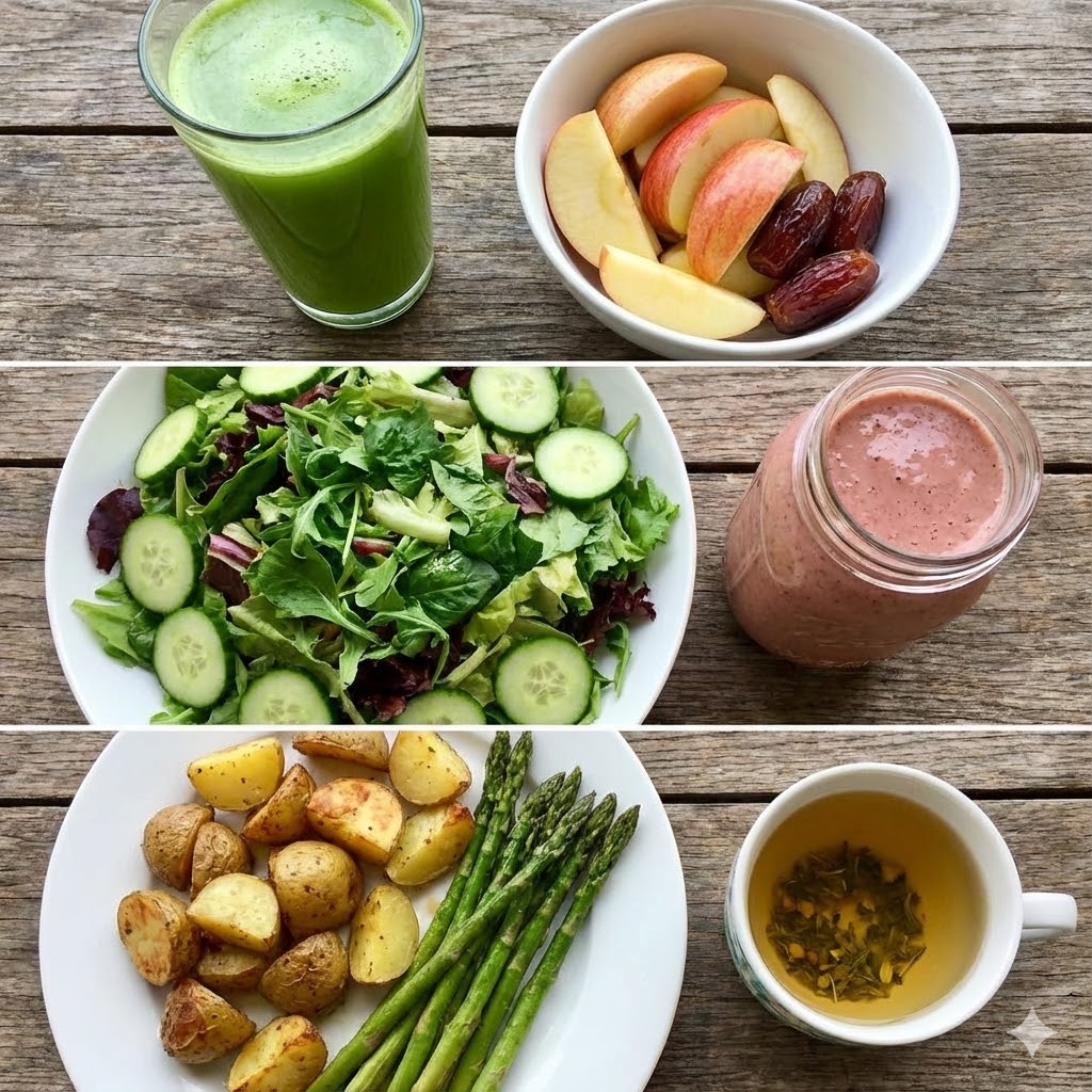 Anthony William Protokol symboliseret ved tredelt billede. Øverst et glas sellerijuice og en skål med æblebåde og dadler. I midten noget grøn salat og agurkeskiver og juice. Nederst asparges og kartofler samt et krus te.