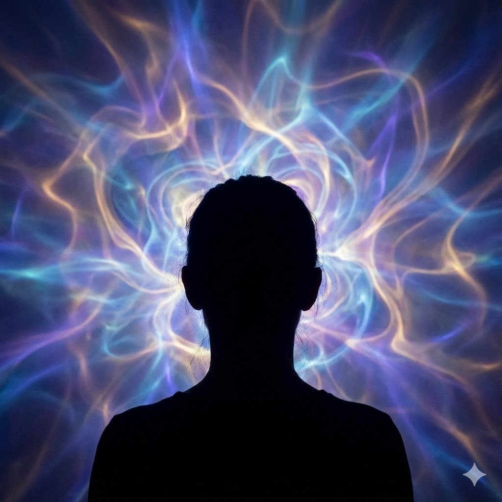 Anthony William Protokol symboliseret ved silhuet af et menneskes overkrop set mod et lilla baggrund med en masse lysende bølgede streger.