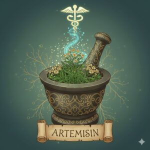Artemisin symboliseret ved en morter med en plante i.