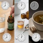 Beljanski Protokollen symboliseret ved et tredelt billede med ialt 6 ure. Der vises flasker med urteekstrakt, samme ophældt i målebæger, og en suppe med pillekapsler ved siden af.