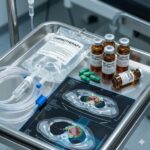 Beljanski Protokollen symboliseret ved en bordplade med et drop med kemovæske, nogle brune glasflasker, nogle grønne kapsler og et par scanningsbilleder.