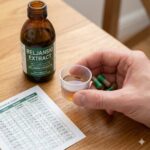 Beljanski Protokollen symboliseret ved en bordplade med en hånd der holder et målebæger med væske, en brun glasflaske, nogle kapsler i brun og grøn samt et skema over doseringer.