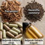 Beljanski Protokollen symboliseret ved et todelt billede, hvor der er pao pereira som barkstykker og kapsler til venstre og pulver og en flaske med olie til højre og teksten Rauwolfia vomitoria til højre.