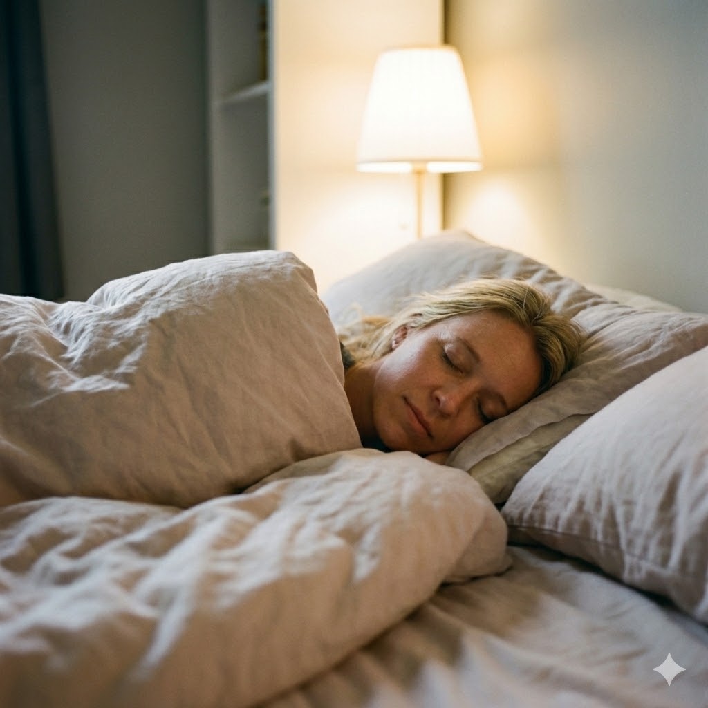 Boost dine lykkehormoner symboliseret ved en kvinde der ligger i seng med en stor dyne over sig.