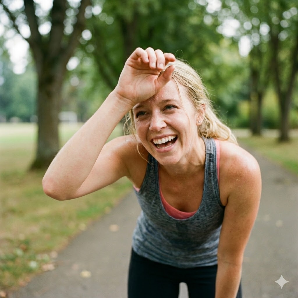 Boost dine lykkehormoner symboliseret ved en kvinde der tørre sved af panden efter løb i naturen.