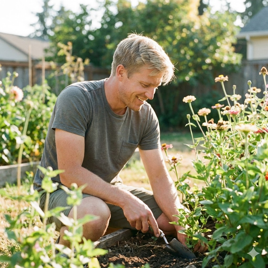 Boost dine lykkehormoner symboliseret ved en mand der graver i jorden i en have.