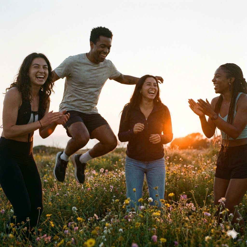 Boost dine lykkehormoner symboliseret ved 4 mennesker ude i naturen. Den ene er en mand, der hopper.