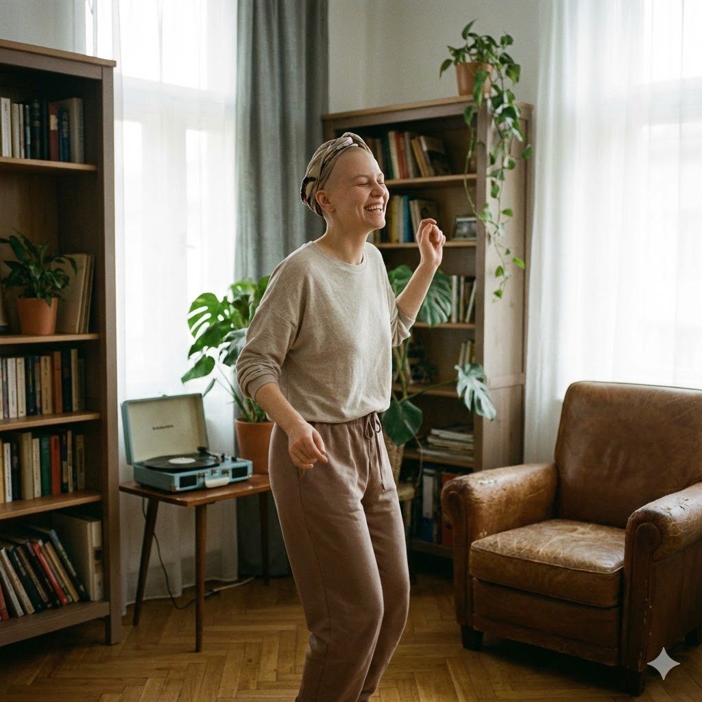 Boost dine lykkehormoner symboliseret ved en kvinde i joggingbukser der danser i sin stue.