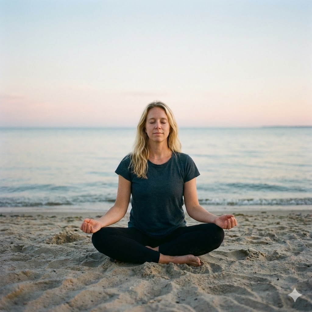 Boost dine lykkehormoner symboliseret ved en kvinde der sidder i skrædderstilling på en strand.