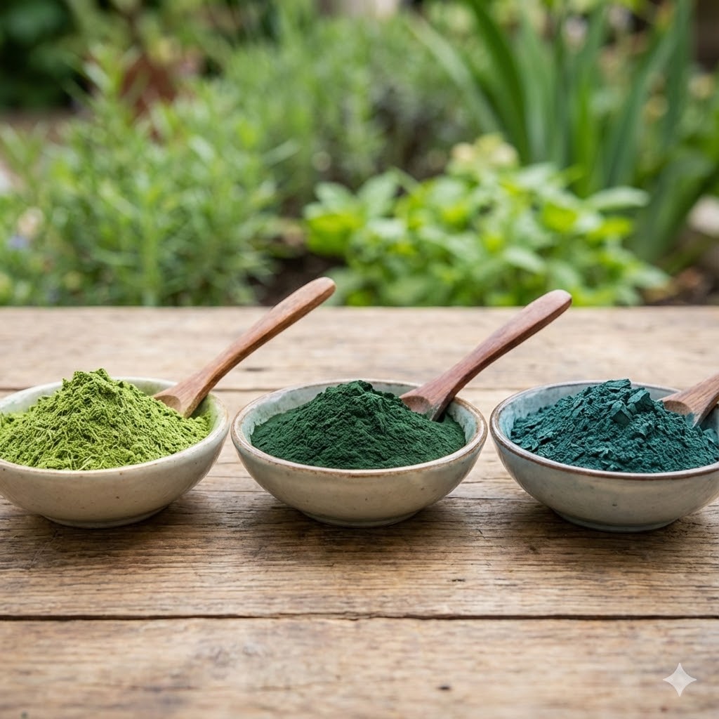 Byggræs symboliseret ved tre hvide porcelænsskåle med tre forskellig slags grønt pulver. Den venstre noget lysere end de øvrige.