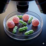 D-Mannose symboliseret ved en petriskål med røde runde formationer og grønne aflange.