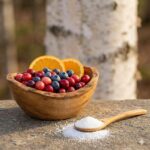 D-Mannose symboliseret ved en skål med frugter - bær og appelsinskiver samt en træske med hvidt pulver. I baggrunden en træstamme.