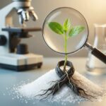 D-Mannose symboliseret ved et mikroskop, en bunke hvidt pulver en mørk sløjfe over dette og et forstørrelsesglad bag hvilket ses et par blade.