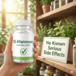 D-Mannose symboliseret ved et glas med påskriften D-Mannose der holdes op foran en reol med urtepotter med urter.