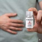 D-Mannose symboliseret ved en lille flaske med påskriften D-Manose der bliver holdt op af en hånd. Den anden ligger på maven og indikerer smerter.